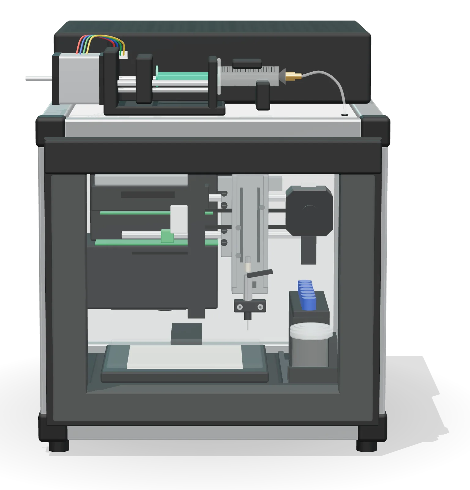 chromnil one, 3D render, front view through the window, with the plate holder, applicator, syringe pump, camera and sample rack marked